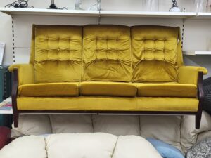 Antique gold mustard yellow velvet 3 seat sofa